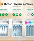 Front view of 4 In 1 Portable Evaporative Air Cooler With App Control showing 3 mist levels, 3 speeds, mood light, and physical buttons.
