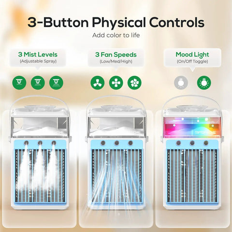 Front view of 4 In 1 Portable Evaporative Air Cooler With App Control showing 3 mist levels, 3 speeds, mood light, and physical buttons.