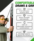 Man using Adjustable Archery Training Tool With 10 To 32 Inch Draw Length And 1 To 100 Lb Draw Weight, features listed.