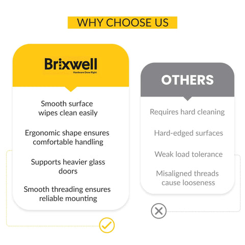 Comparison chart highlighting advantages of Brixwell hardware over others, featuring key benefits like smooth surface and ergonomic design.