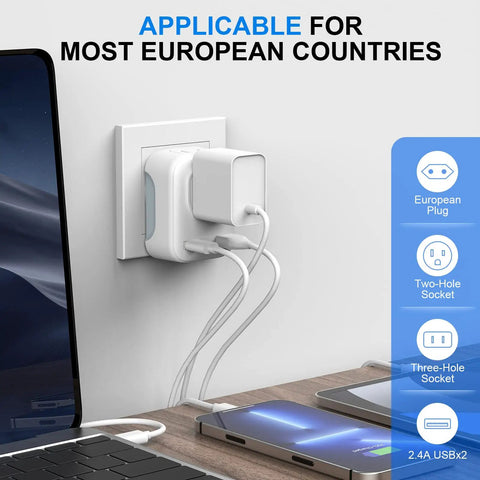 4 In 1 European Travel Plug Adapter With US Outlet And USB Ports, USB C Quick Charge, 3750 Watt Max plugged into wall