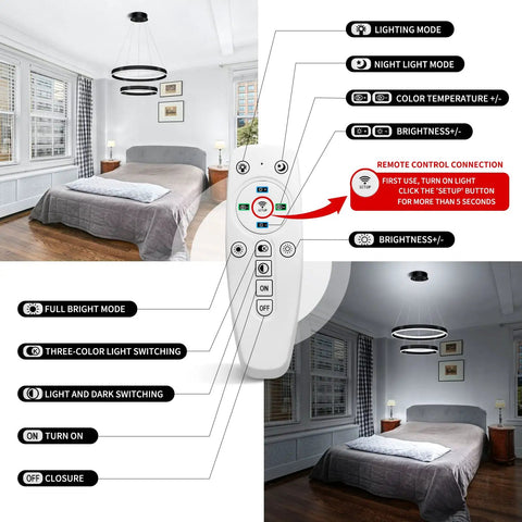 Two Ring Dimmable Black LED Chandelier With Remote Control shown in bedroom lighting modes and remote features