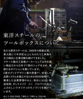 Worker using Durable Steel Angle Tool Box With Narrow Profile In Blue, organized for wrenches, bits, nails, and small hand tools.
