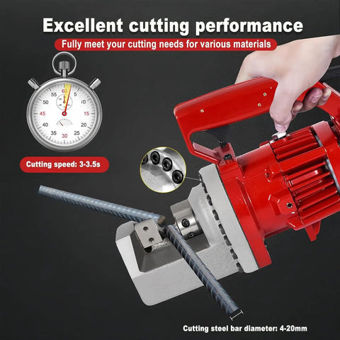 Powerful 1250W Electric Hydraulic Rebar Cutter With Pure Copper Motor; cuts 4-20mm steel rods in 3-3.5 seconds.