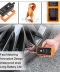 Heavy Duty TPMS Relearn Tool For Quick Tire Pressure Sensor Activation And Programming With Broad Chevy Buick Cadillac Support And Plug And Play Zero Headache Setup Today, handheld diagnostic device in use near tire.