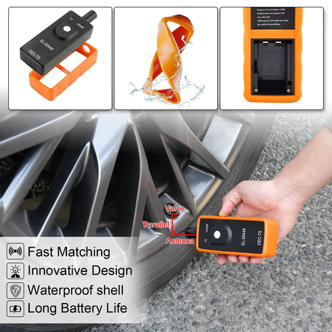 Heavy Duty TPMS Relearn Tool For Quick Tire Pressure Sensor Activation And Programming With Broad Chevy Buick Cadillac Support And Plug And Play Zero Headache Setup Today, handheld diagnostic device in use near tire.