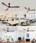 Neojoyoenix 62" 3PCS Solid Wood Blades Ceiling Fan with Lights Remote Control, in black, featured in office and living room settings.