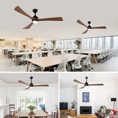 Neojoyoenix 62" 3PCS Solid Wood Blades Ceiling Fan with Lights Remote Control, in black, featured in office and living room settings.