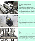 Close-up of Automatic Double Nozzle Paste Filler With Steel Conveyor Belt And Anti Drip Tech Gets The Job Done No Drama, showing precision adjustment and stainless steel components.