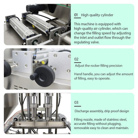 Close-up of Automatic Double Nozzle Paste Filler With Steel Conveyor Belt And Anti Drip Tech Gets The Job Done No Drama, showing precision adjustment and stainless steel components.