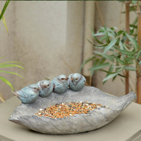 Outdoor Bird Feeder And Bath Bowl With Leaf Design In Polyresin Hand Painted Blue Family Of Birds Garden Decor That Pops