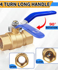 1/2 Inch Brass Ball Valve Set with long handle, showing 90-degree rotation and detailed views of open and close positions.