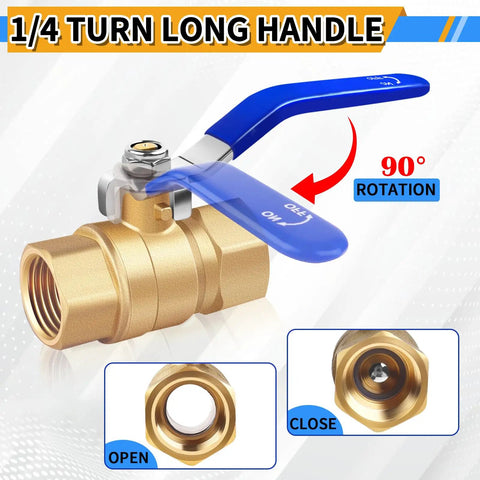 1/2 Inch Brass Ball Valve Set with long handle, showing 90-degree rotation and detailed views of open and close positions.