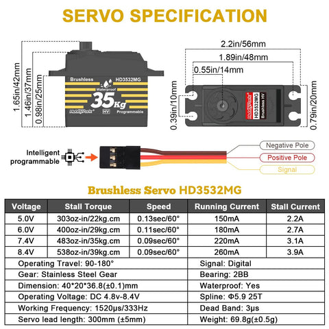 Waterproof 35Kg High Torque Brushless Servo With Metal Gears And Aluminum Horn for RC, servo specification sheet