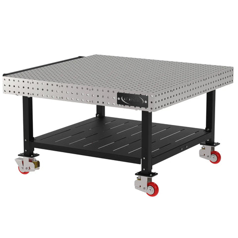 Hella Sturdy Heavy Duty Welding Fixture Table With Precision Laser Cut Industry Standard Holes And Locking Swivel Casters 60X60X36, silver table with shelf and swivel casters.