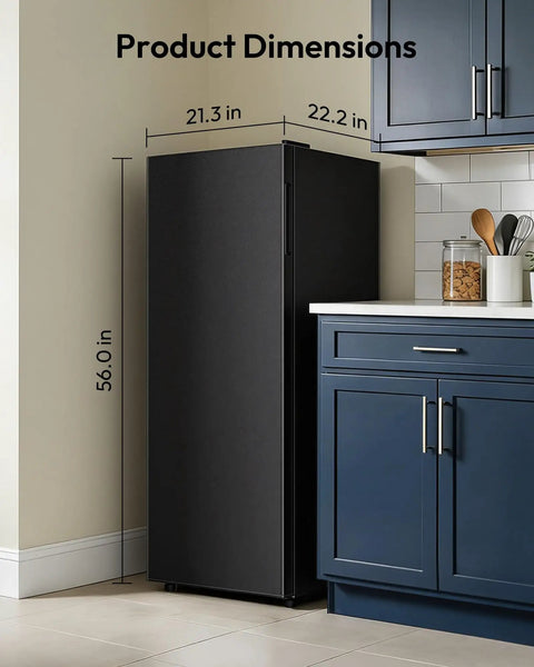 Big Boy 7 Cu Ft Upright Freezer And Convertible Refrigerator Combo With Legit Cold Storage For Bulk Meal Prep And Weekend Drinks dimensions showing 56.0 in height, 21.3 in width, and 22.2 in depth.