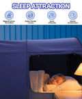 Child sleeping in a Full Size Bed Canopy Tent For Privacy And Comfort, Dream Space Pop Up Indoor Tent shown with light blocking grey fabric.