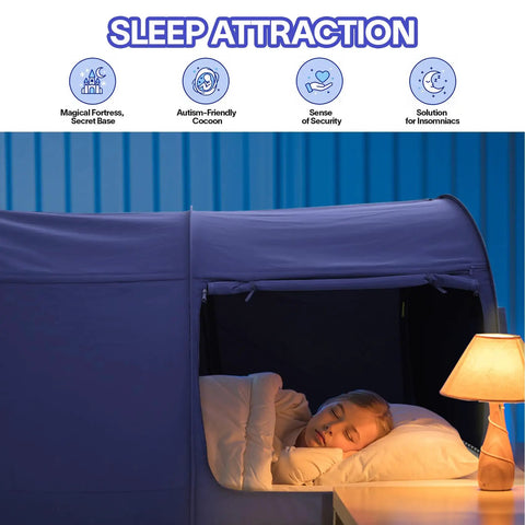 Child sleeping in a Full Size Bed Canopy Tent For Privacy And Comfort, Dream Space Pop Up Indoor Tent shown with light blocking grey fabric.
