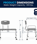 Dimensions of Adjustable Bath And Shower Transfer Bench With Back And Side Arm Rests, 300 lb Capacity, showing measurements.