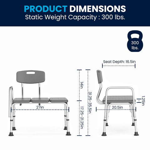 Dimensions of Adjustable Bath And Shower Transfer Bench With Back And Side Arm Rests, 300 lb Capacity, showing measurements.