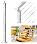 Cable Railing Post 36 Inch Square 2x2 Brushed Finish Top Mount End Post for wood and concrete deck stairs, single drilled design.