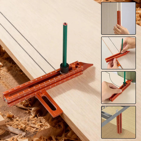 Four Sided Magnetic Layout Scriber With Laser Etched Scale For Straight On Measuring In Woodworking And DIY Carpentry Builds Lightweight Aluminum Alloy Knocks Out Perfect Lines Every Damn Time With Zero Sweat on a wooden surface.