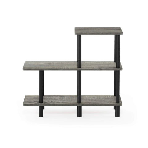 Three Tier Ladder Shelf Cube Bookcase For Bedroom Living Room Or Home Office Slick French Oak Grey With Black Tubes, side view display.