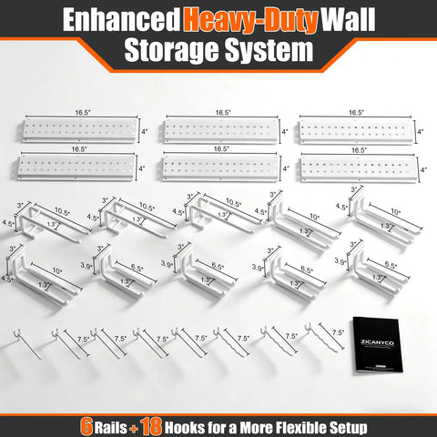 99 Inch Garage Tool Organizer Wall Mount with 18 heavy duty hooks and pegboard style, components laid out on white surface