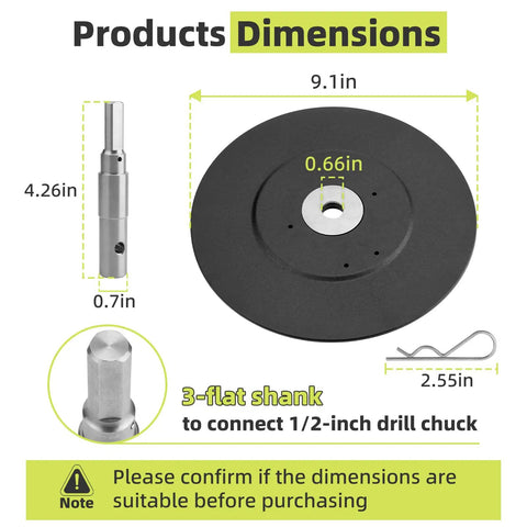 Ice Fishing Auger Drill Adapter dimensions with 9.1-inch disc, fits 1/2 inch chuck for easy install, prevents auger drop in ice.