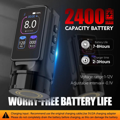 Titan Tattoo Machine For Pros With 2400mAh Dual Battery, Color Display showing power settings and battery life