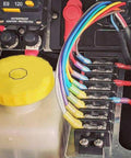 Heavy Duty Double Row Terminal Blocks For 10 To 22 AWG Wiring Stainless Steel Housing 600 Volt 30 Amp Rated Knockout Circuit Connectors with colorful wires.