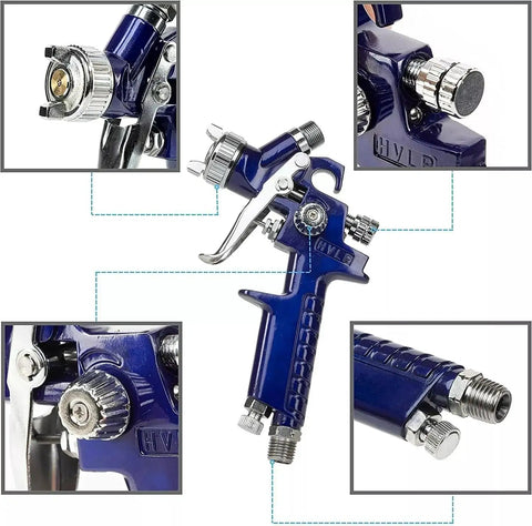 Mini HVLP Gravity Feed Spray Gun With 1.0 Mm Nozzle, detailed views showing controls and features for DIY projects.
