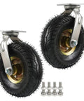 Two Pack Pneumatic Rubber Wheel Casters With Swivel And Fixed Steel Brackets Featuring Rock Solid Double Ball Bearings and slick rolling for heavy duty carts.