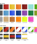 Color options for retractable barrier belts, including solid and striped variations, such as yellow/black diagonal.