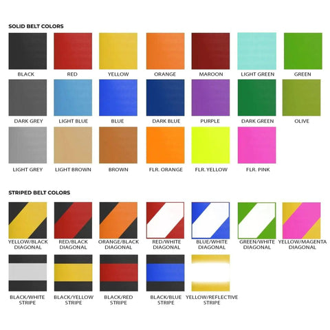 Image showing 28 solid and striped belt color options for Magnetic Wall Mount Retractable Belt Barrier, 30 Foot Belt, Yellow ABS Case.