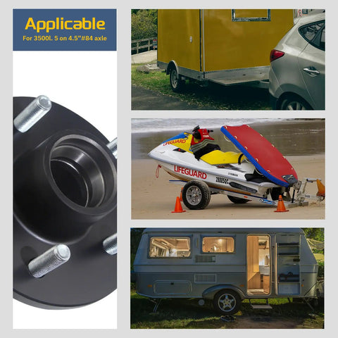 Two Pack Heavy Duty Trailer Hub Kit for 3500 lb Trailers, 5 Lug 4.5 Inch Bolt Pattern showcased with vehicle usage examples