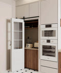 Bi Fold Barn Door Hardware Kit For Two Doors With Low Ceiling Roller System shown installed on kitchen cabinet
