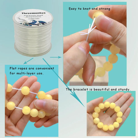 Close-up of clear 0.8 mm Flat Elastic Bead Rope used for making a yellow bead bracelet, showcasing its strength and knotting ease.