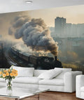 Steam Train Wall Mural With Vintage Locomotive On City Tracks 3D Look For Living Room And Bedroom Dope Large Wallpaper