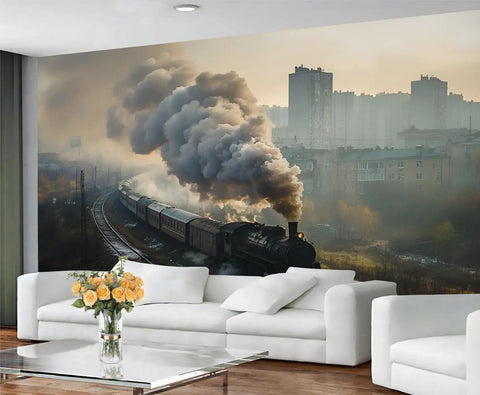 Steam Train Wall Mural With Vintage Locomotive On City Tracks 3D Look For Living Room And Bedroom Dope Large Wallpaper