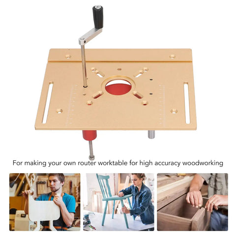 Heavy Duty Router Lifter System Kit With Crank Handle For Small Router Tables Bringing Dead On Accuracy And Smooth Adjustment Plate top view of precision aluminum lift with crank handle