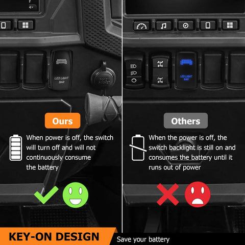 Comparison of Plug N Play 300W LED Light Bar Wiring Harness Kit with competitor's setup, highlighting battery saving feature.