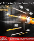 49-piece bolt extractor set including multi-spline extractors and drill bits displayed with power drill for removing screws.