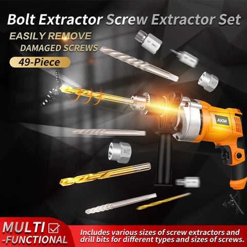 49-piece bolt extractor set including multi-spline extractors and drill bits displayed with power drill for removing screws.
