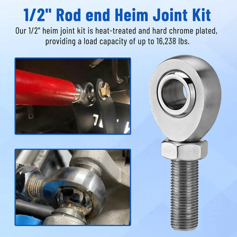 Beefed Up One Half Inch Heim Joint Kit Left And Right Hand Thread Rod Ends With Jam Nut, Heat Treated And Hard Chrome Plated For Up To 16,238 Lbs Load, Perfect For Steering And Suspension, Traction Bars And Steering Joints. 1/2-inch rod end with jam nut, silver finish