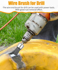 Power drill with Six Size Drill Wire End Brush Set With Crimped Carbon Steel Wires And One Quarter Inch Shanks in use on metal