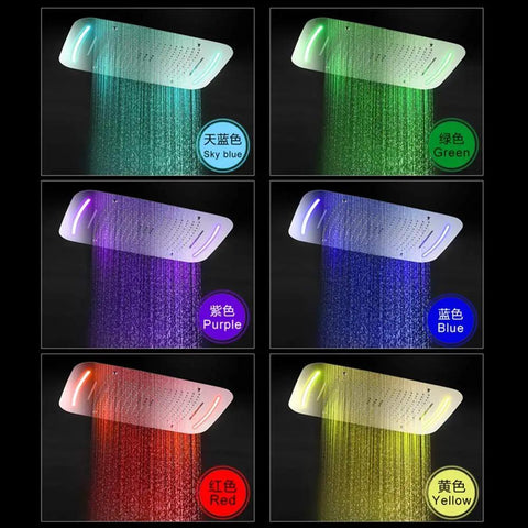Straight Up Luxury Ceiling Mount Shower System With Remote Led Head And Mist Waterfall Spray Boasting Smart Temp Control And Heavy Duty Rust Proof Body showcasing colorful LED water sprays.