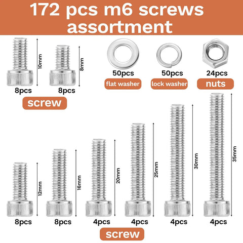 172 Piece M6 Screws Assortment Kit For DIY Projects And 3D Printers Including M6 Sizes 8mm 10mm 12mm 16mm 20mm 25mm 30mm 35mm 304 Stainless Steel Hex Socket Head Screws With Nuts Bolts And Washers Set