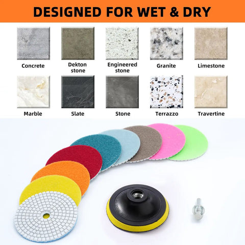 14-piece 4 inch diamond wet polishing pads kit with backer pad for granite marble stone concrete tile tools, pads and drill adapter shown