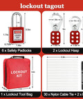 Industrial Lockout Tagout Kit For Electrical Safety With Locks And Clamp On Breaker Locks, Multi Pole Circuit Breaker Locks, Lockout Tower Buckles, Appliance Locks, LOTO Locks, Heavy Duty All In One Safety Kit For Electrical Pros includes safety padlocks, lockout hasps, tool bag, cable ties, and pens.